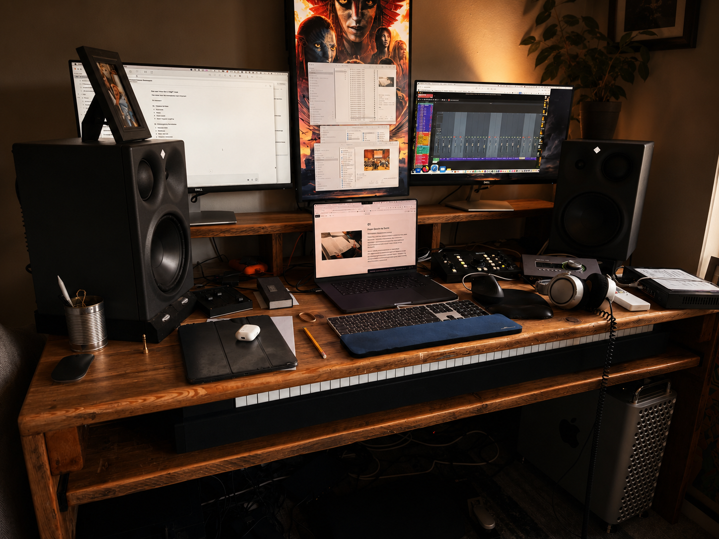 A studio desk with musical materials and production tools